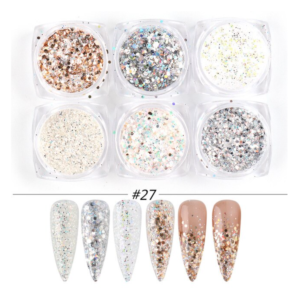 Glitter Poeder Nail Art Set - 6 Stuks - Parelmour / Zilver / Brons - Nagel Decoratie Strass - Gio Cosmetics