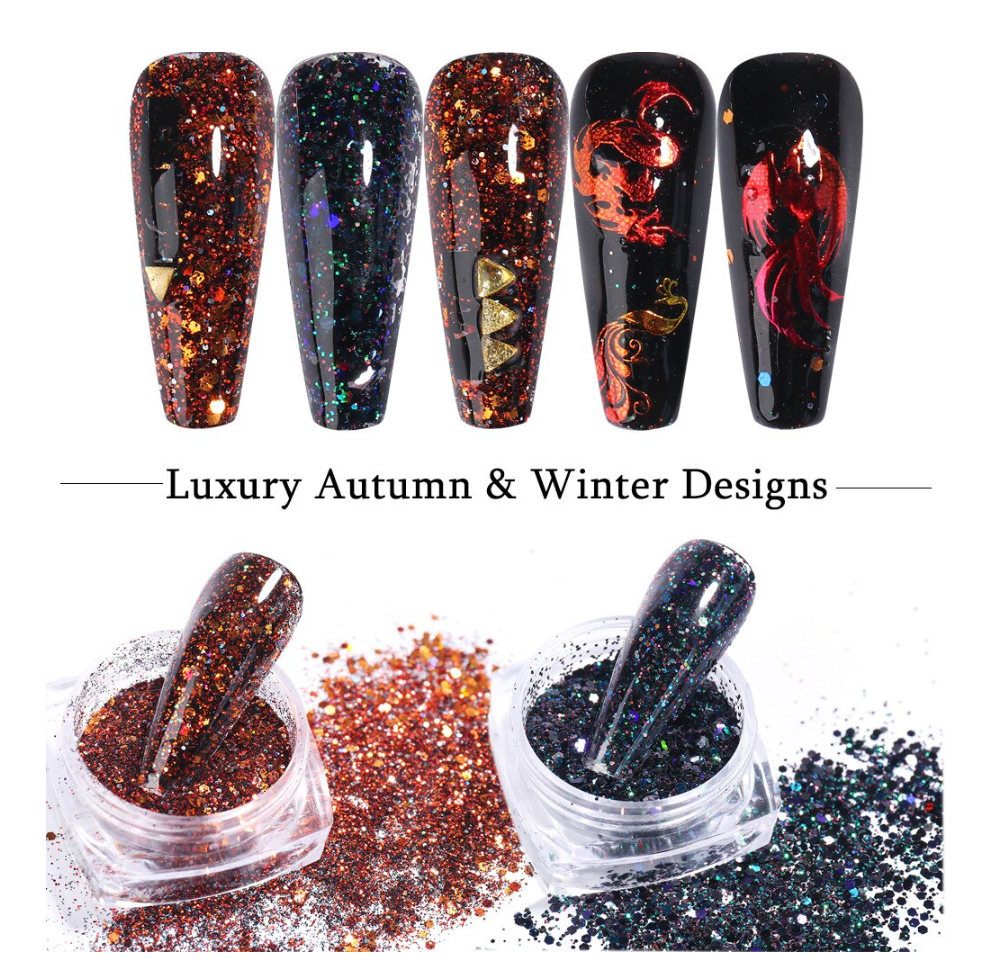 Glitter Poeder Nail Art Set - 6 Stuks - Navy / Zilver / Brons - Nagel Decoratie Strass - Gio Cosmetics