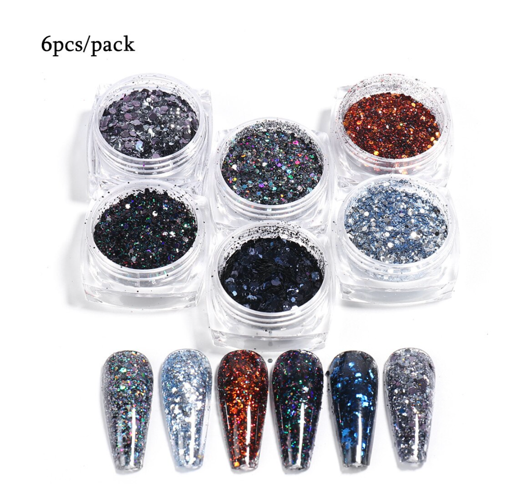 Glitter Poeder Nail Art Set - 6 Stuks - Navy / Zilver / Brons - Nagel Decoratie Strass - Gio Cosmetics