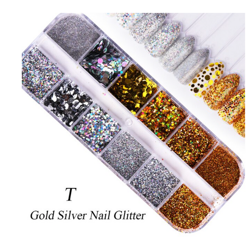 GUAPÀ - Nagel Nail Glitter Poeder & Nagel Decoratie - Goud / Zilver - 12 stuks - Gio Cosmetics