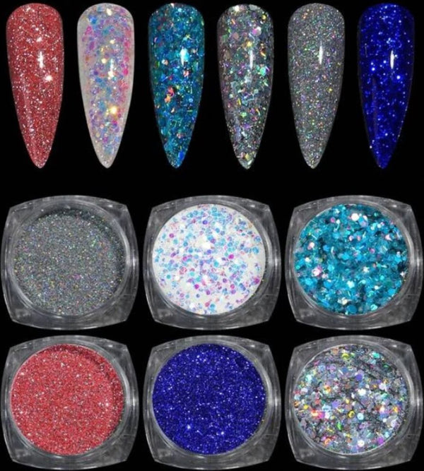 GUAPÀ® Nagel Glitters | Nail Art | Diverse nagel decoratie | 6 Stuks glitters | Rood / Blauw / Zilver | Nagel Decoratie Strass