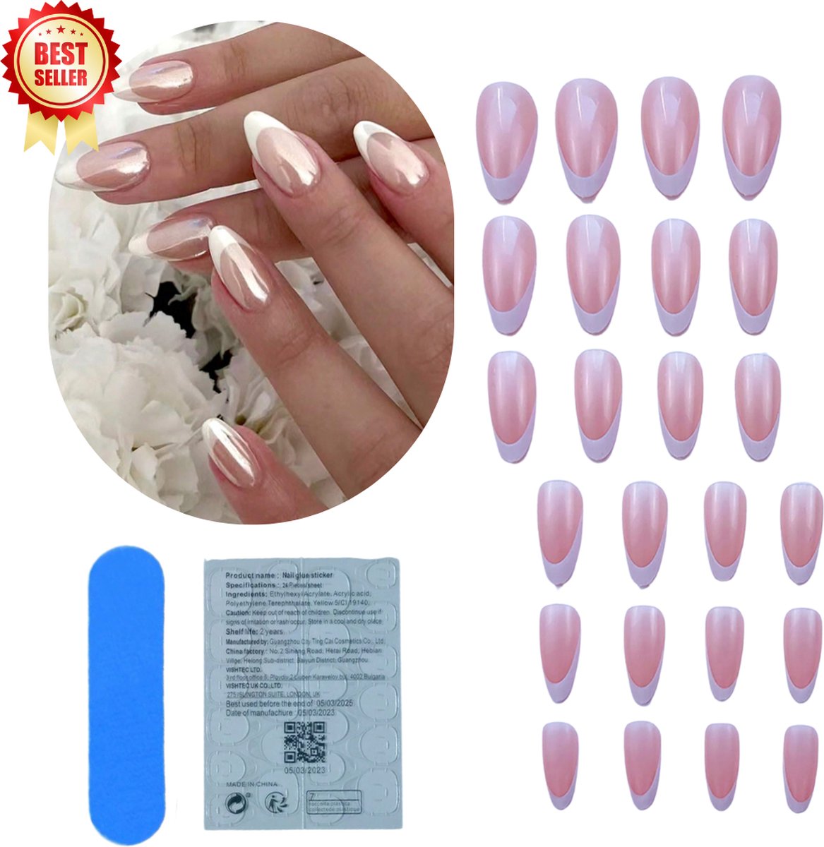 GUAPÀ® Plaknagels | 24 stuks valse nagels | Press On Nails | Zelfklevende Plaknagels | Nepnagels | Kunstnagels | Compleet plaknagels starterspakket | Nagels stickers | 24 stuks plaknagels French Manicure Chrome Effect