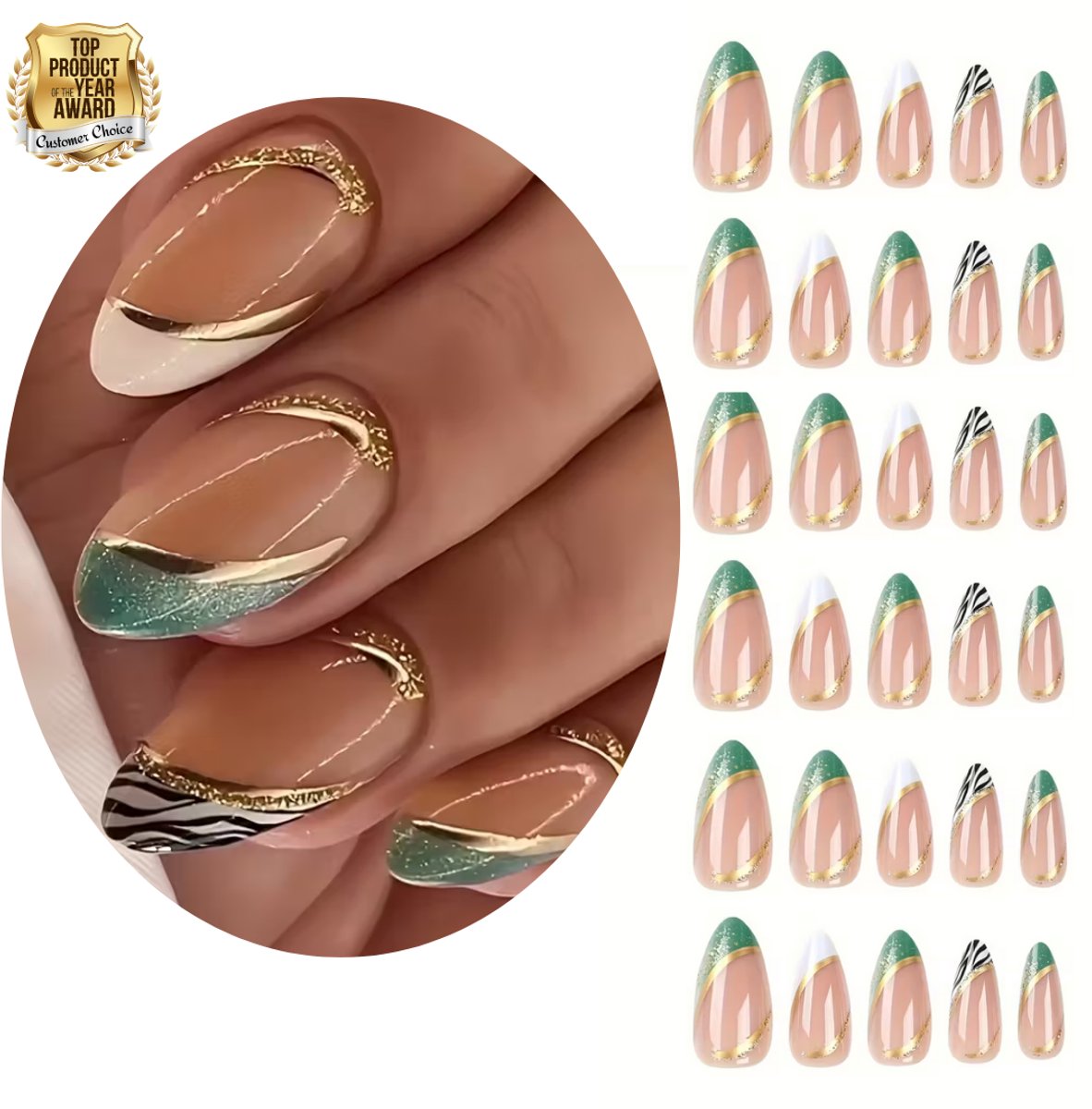 GUAPÀ® Plaknagels Nude met Nail Art 24 stuks | Valse nagels | Gellak | Press On Nails | Zelfklevende Plaknagels | Nepnagels | Kunstnagels | Compleet plaknagels starterspakket | Nagels Wraps | Nail Art | 24 stuks plaknagels Zebra Groen Nail Art