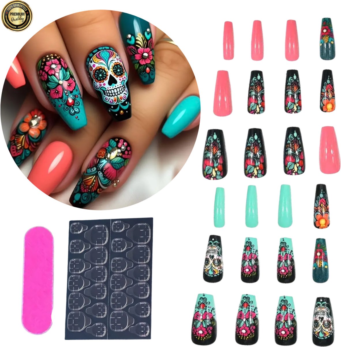 GUAPÀ® Plaknagels 24 Delige Nagelset | 24 stuks valse nagels | Press On Nails | Zelfklevende Plaknagels | Nepnagels | Kunstnagels | Compleet plaknagels starterspakket | Nagels Wraps | Nail Art | 24 stuks plaknagels Bloemen en Schedel Design