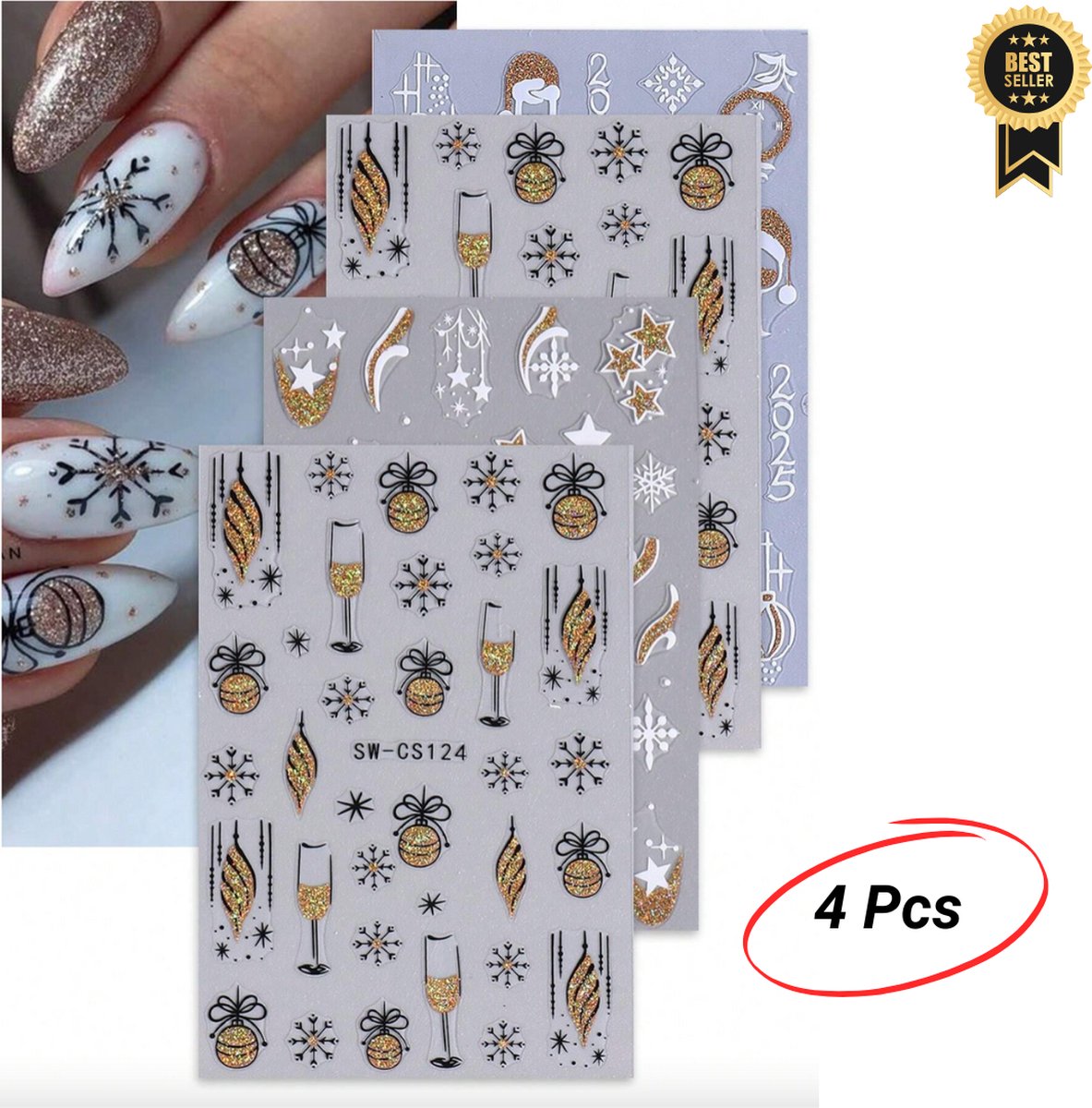 GUAPÀ® Nagelstickers Kerst Glitters | Diverse Patroontjes Winter Feest Stickers Nagels | 3D Nagelstickers | 4 Vellentjes Nail Decals Kerst Feest Glitters