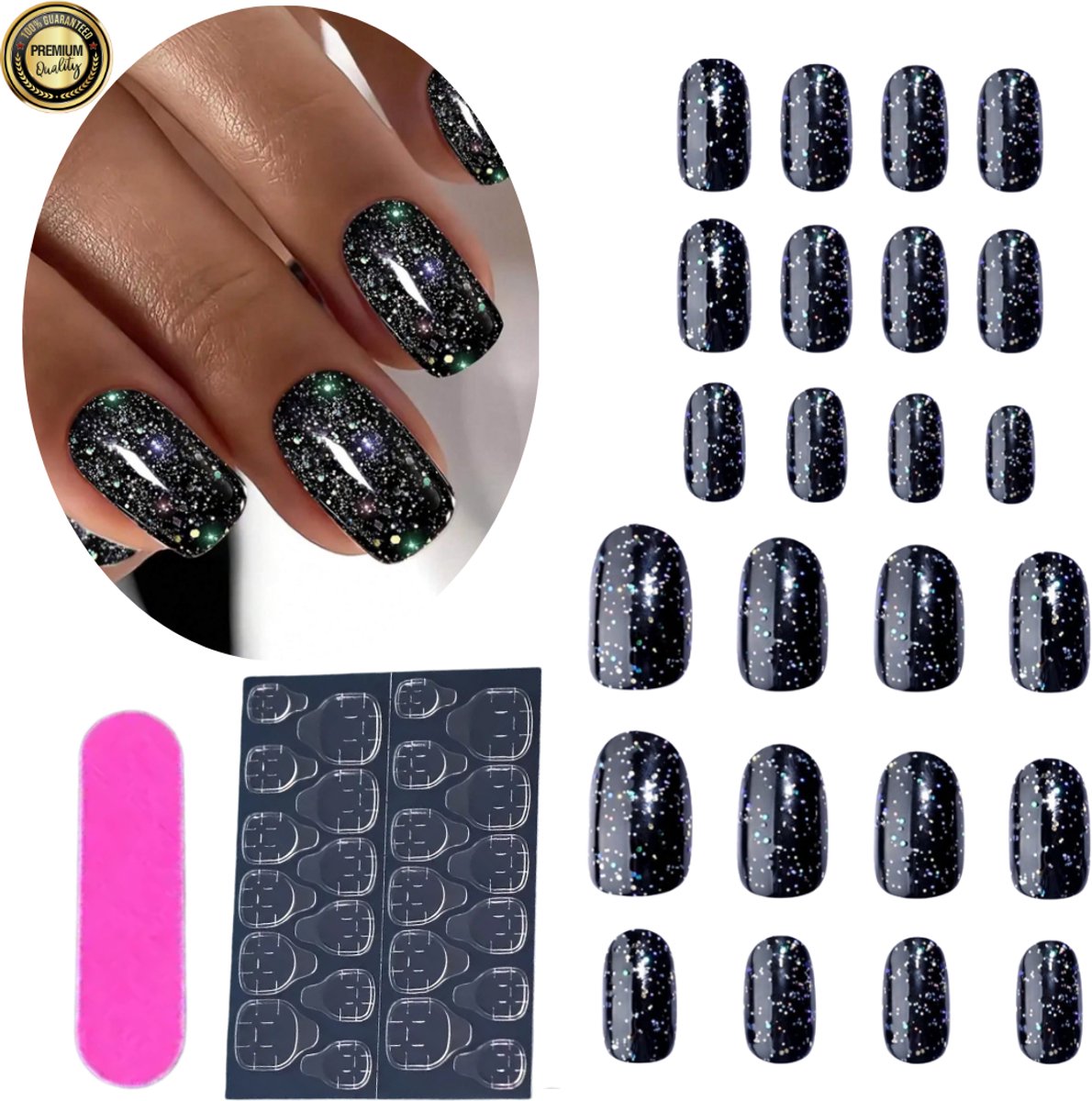 GUAPÀ® Plaknagels | 24 stuks valse nagels | Press On Nails | Zelfklevende Plaknagels | Nepnagels | Kunstnagels | Compleet plaknagels starterspakket | Nagels stickers | 24 stuks plaknagels Kort Zwart Glitters