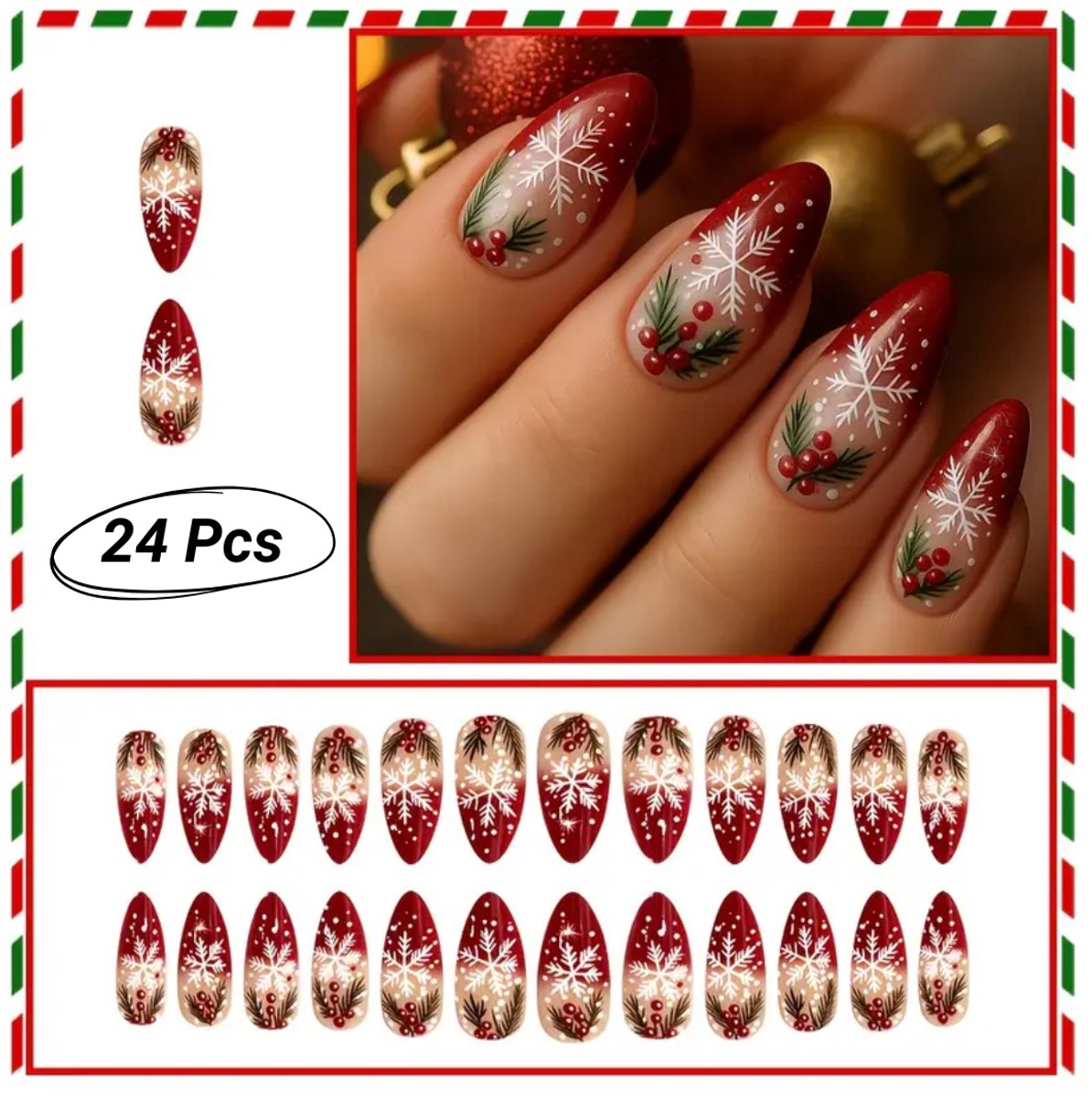 GUAPÀ® Plaknagels Amandel Kerst Thema | 24 stuks valse nagels | Press On Nails | Zelfklevende Plaknagels | Nepnagels | Kunstnagels | Compleet plaknagels starterspakket | Nagels stickers | 24 stuks plaknagels Kerst Nagels
