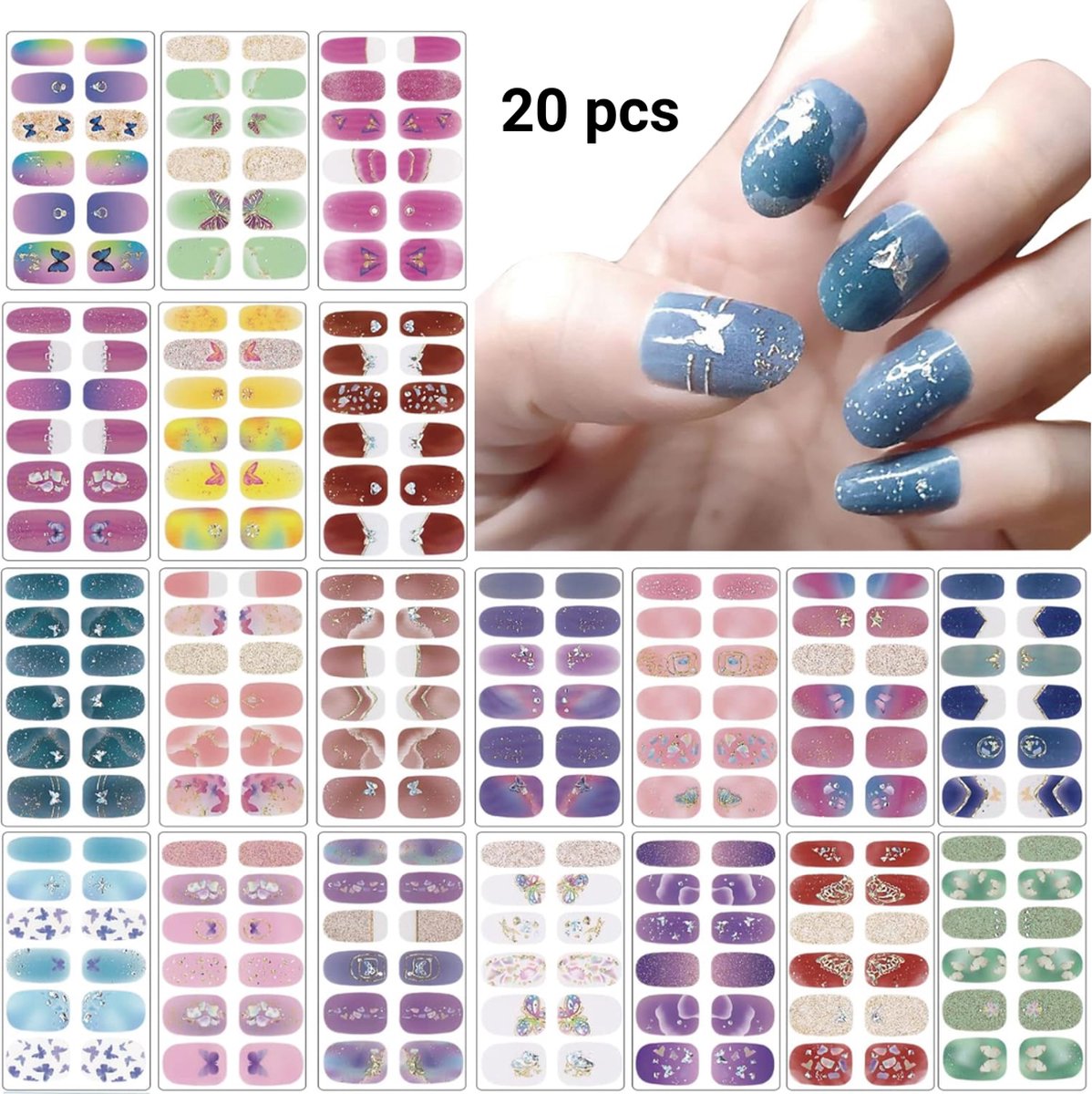 Nail Wraps Nagelstickers 20 pcs | Glitters met patroontjes