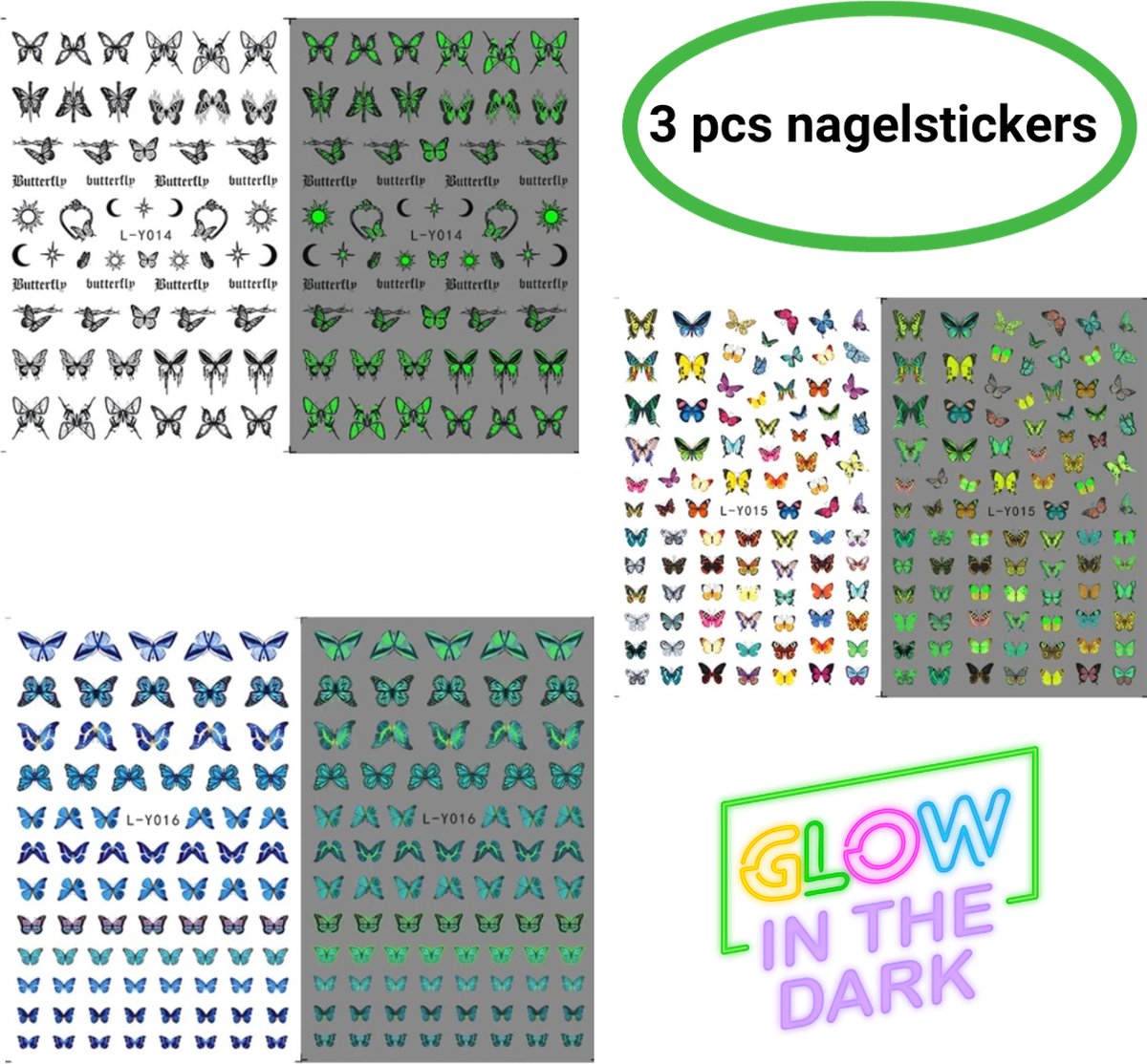 GUAPÀ® Nagelstickers | Vlinder nagel stickers | Glow in the dark effect | 3 stuks nail art decoratie | Zelfklevende 3D Nagelstickers | 3 pcs nagelstickers vlinders met glow in the dark