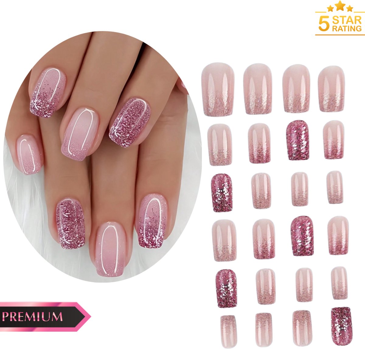 GUAPÀ® Plaknagels | 24 stuks valse nagels | Press On Nails | Zelfklevende Plaknagels | Nepnagels | Kunstnagels | Compleet plaknagels starterspakket | Nagels stickers | Glitter Nagels | 24 stuks plaknagels Rood Nude Glitters