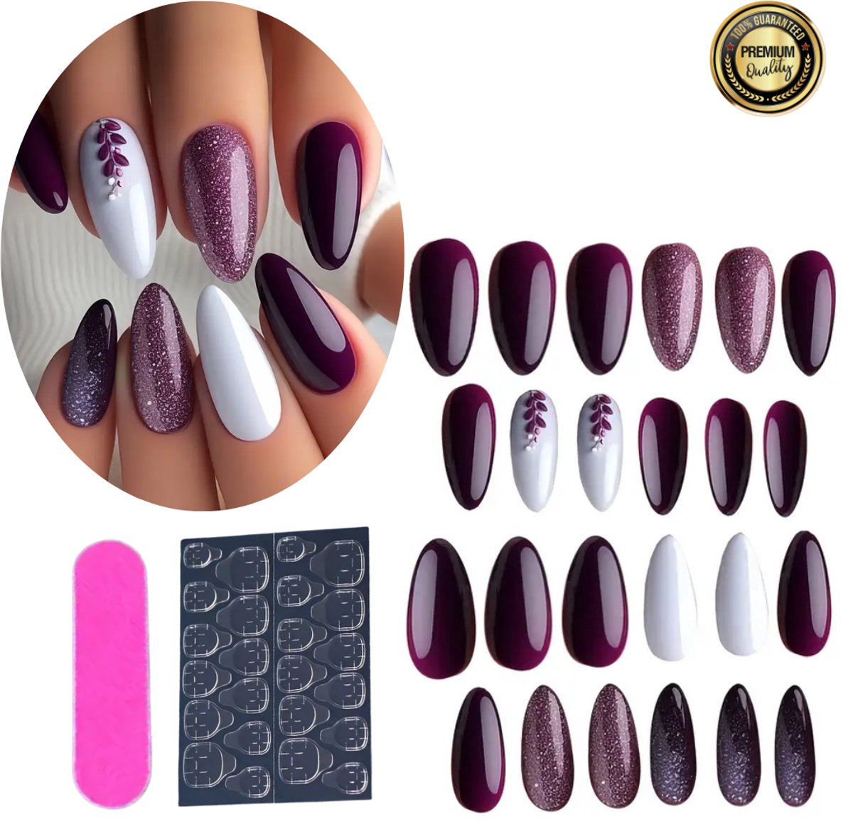 GUAPÀ® Plaknagels 24 Delige Nagelset | 24 stuks valse nagels | Press On Nails | Zelfklevende Plaknagels | Nepnagels | Kunstnagels | Compleet plaknagels starterspakket | Nagels Wraps | Nail Art | 24 stuks plaknagels Paars Bloemen Glitters