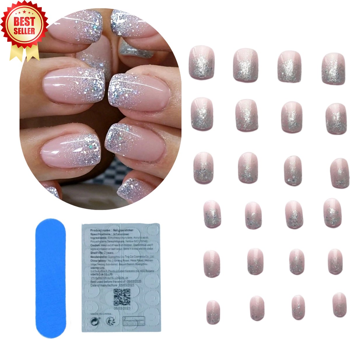 GUAPÀ® Plaknagels | 24 stuks valse nagels | Press On Nails | Zelfklevende Plaknagels | Nepnagels | Kunstnagels | Compleet plaknagels starterspakket | Nagels stickers | 24 stuks plaknagels French Manicure Zilver