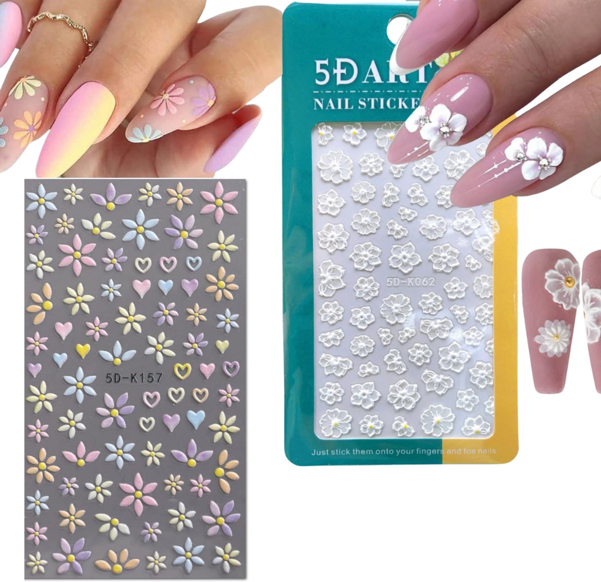 GUAPÀ® Nagelstickers 2 Vellen | Bloemen stickers | Nail Art | Nagel stickers | nagelversiering | zelfklevende nagelstickers | 3D Bloemen Diverse kleuren en Witte Bloemen