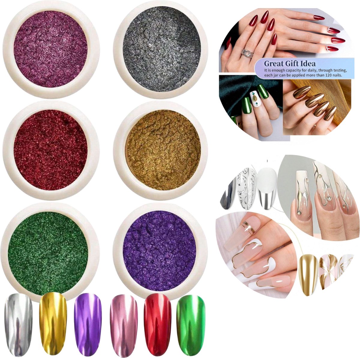 GUAPÀ® Mirror Spiegel Poeder 6 pcs | Holografische Glitter Poeder Set | 6 Nail Art glitters | Nail Art & Nagel Decoratie | 6 stuks diverse kleur nagelpoeder