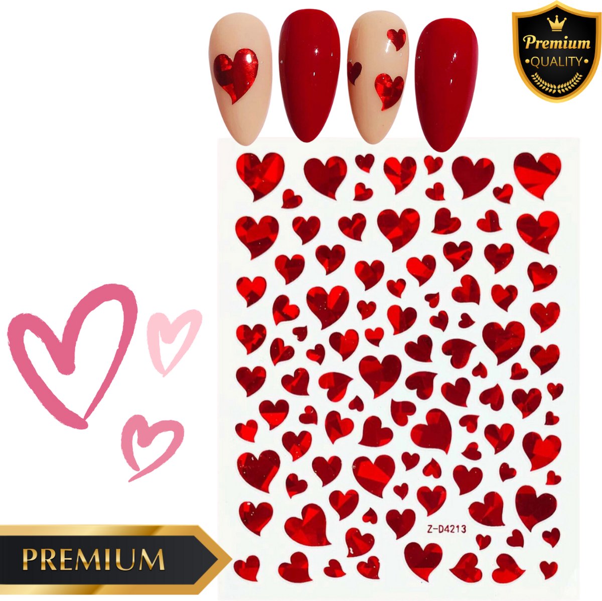 GUAPÀ® Nagelstickers Hartjes | Nagel stickers Valentijnsdag | Nail Decals | 3D Nagelstickers Zelfklevend | Nail Art | 1 Velletje Nagelstickers Rode Hartjes