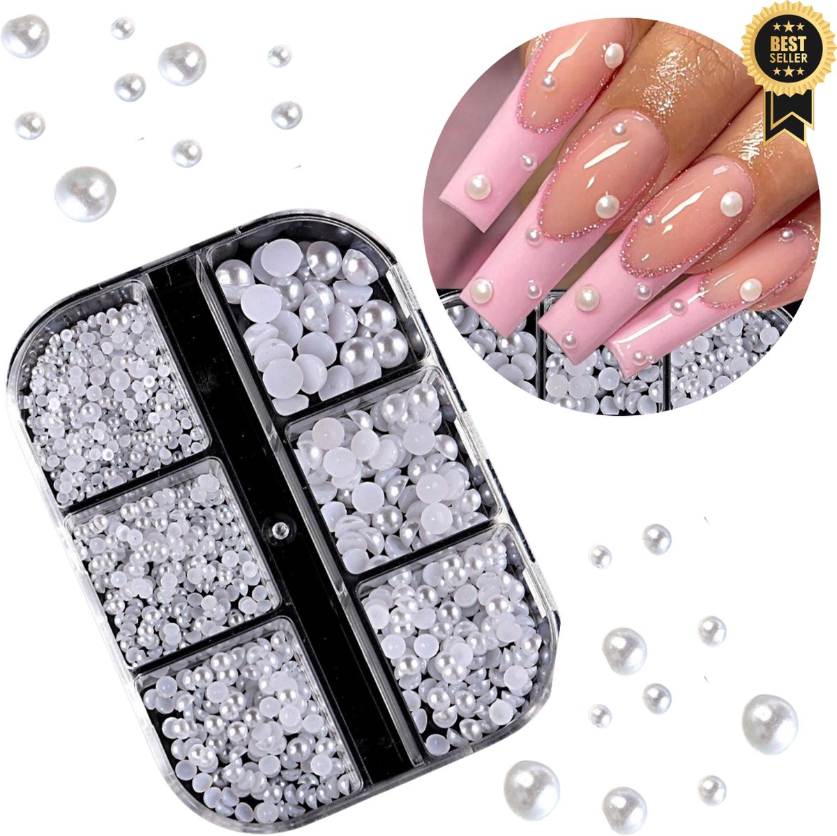 GUAPÀ® Rhinestones Wit | Parels Wit | Nagel Decoratie | Strass Steentjes | Bruidsnagels | Zomer Nagels | Nagelversiering | Nagel Diamantjes Pareltjes Wit | Nail Art | 6 Delige Rhinestones Set