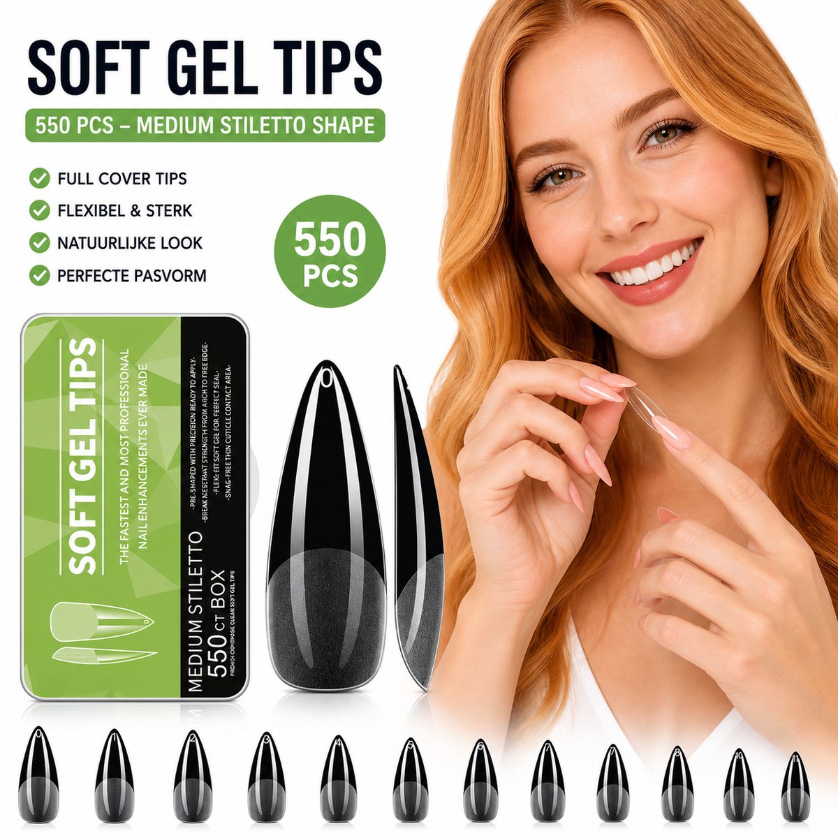 GUAPÀ® Soft Gel Nagel Tips Stiletto 550 Pcs - Transparant - Medium Full Cover Tips - Nepnagels - Kunstnagels - Plaknagels - Press on nails - Nagelverlenging - Nageltips voor Gellak en Acryl - 11 Diverse Maten - 550 Pcs Soft Gel Nageltips Clear