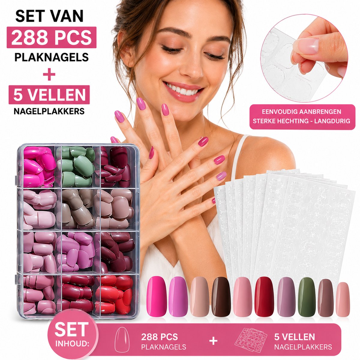 GUAPÀ® Plaknagels 288 Pcs Diverse Kleuren - Met Nagelplakkes - Korte Nagel Tips - Kunstnagels - Valse nagels - Press On Nails - Nagellijm - Nepnagels Diverse Kleuren 288 Stuks Korte Shape Nude Roze Nagels