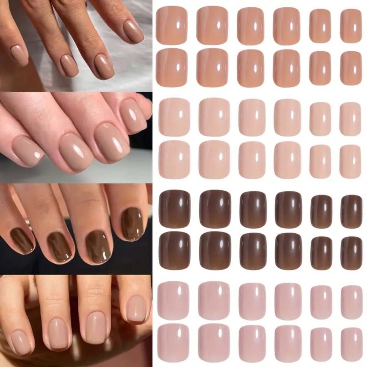 GUAPÀ® Plaknagels Bruin Nude Tinten | 96 stuks valse nagels | Press On Nails | Zelfklevende Plaknagels | Nepnagels | Kunstnagels | Compleet plaknagels starterspakket | Nagels Wraps | Nail Art | Feest Nagels | 96 stuks plaknagels Bruin Nude Tinten