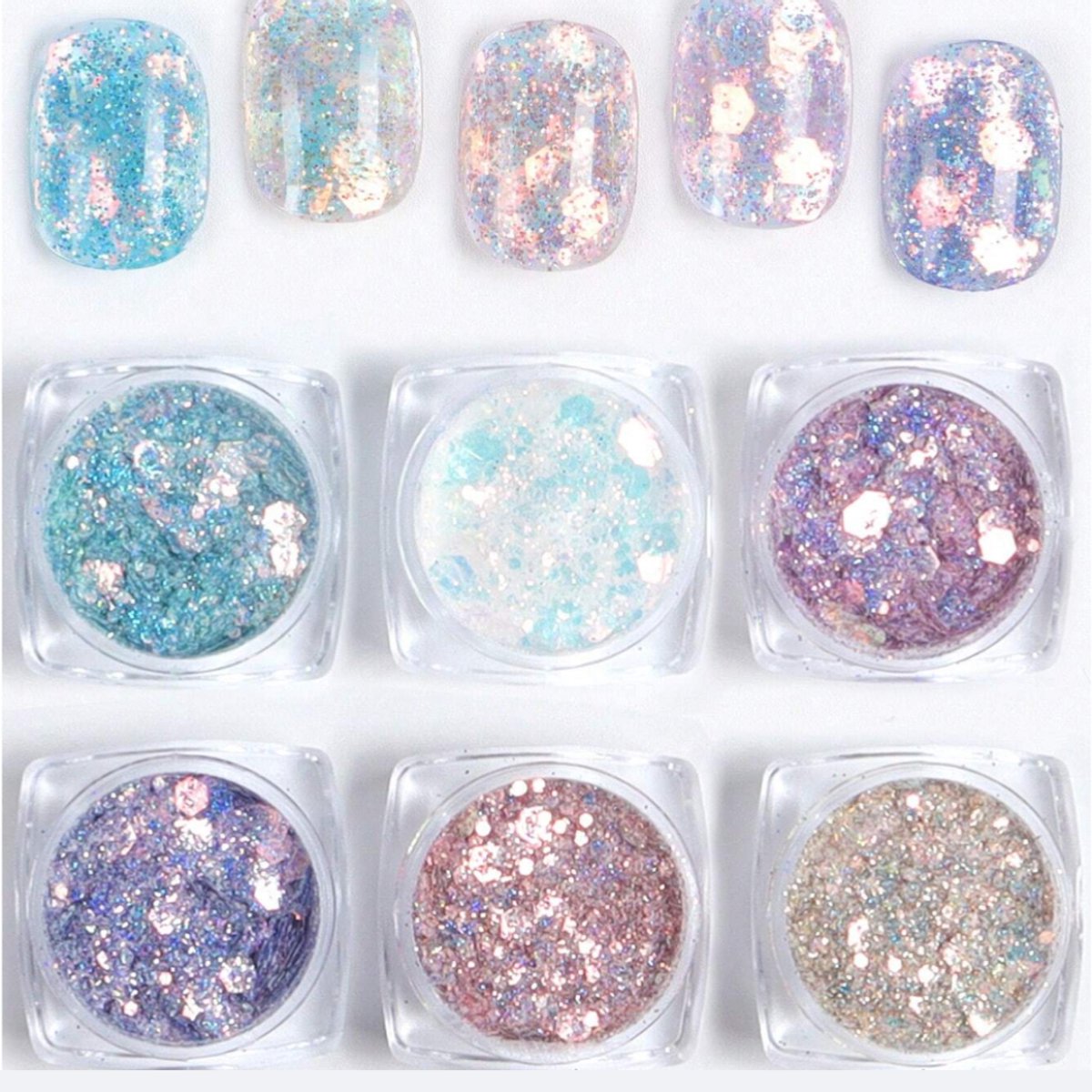 GUAPÀ® Glitter Poeder Nagels | 6 Nail Art glitters | Kameleon Parelmoer Poeders | Nail Art & Nagel Decoratie | Spiegel en pigment poeder | Nail Art Vlokken | 6 stuks diverse kleur Glitter Poeders