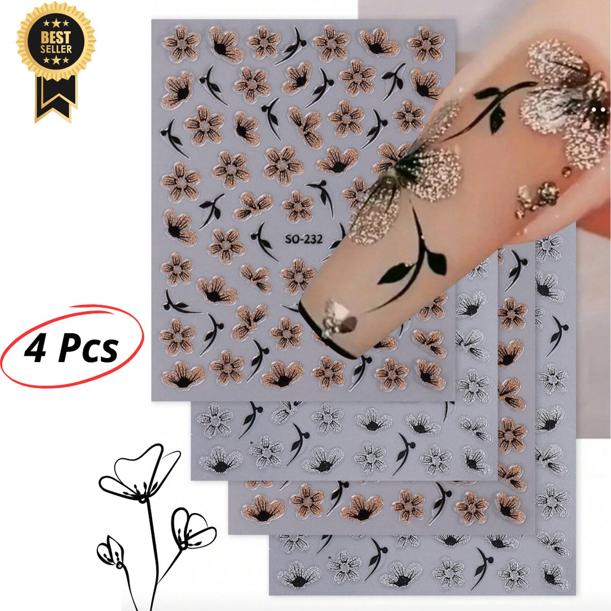 GUAPÀ® Nagelstickers Bloemen | Diverse Patroontjes Flower Stickers Nagels | 3D Nagelstickers Zelfklevend | Glitter Bloemetjes Taupe Zilver | 4 Vellentjes Nail Decals Bloementjes