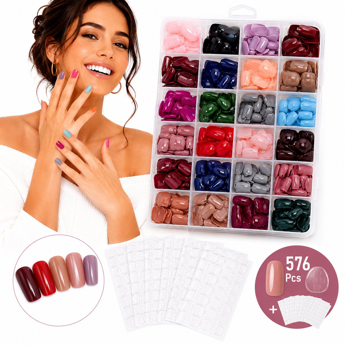 GUAPÀ® Plaknagels Diverse Kleuren met Nagelplakkers - 576 stuks valse nagels - Press On Nails - Zelfklevende Plaknagels - Nepnagels - Nagel Tips - Compleet pakket - Nagels Wraps - DIY Nagels - 576 stuks plaknagels Multicolor met Nagelplakkers