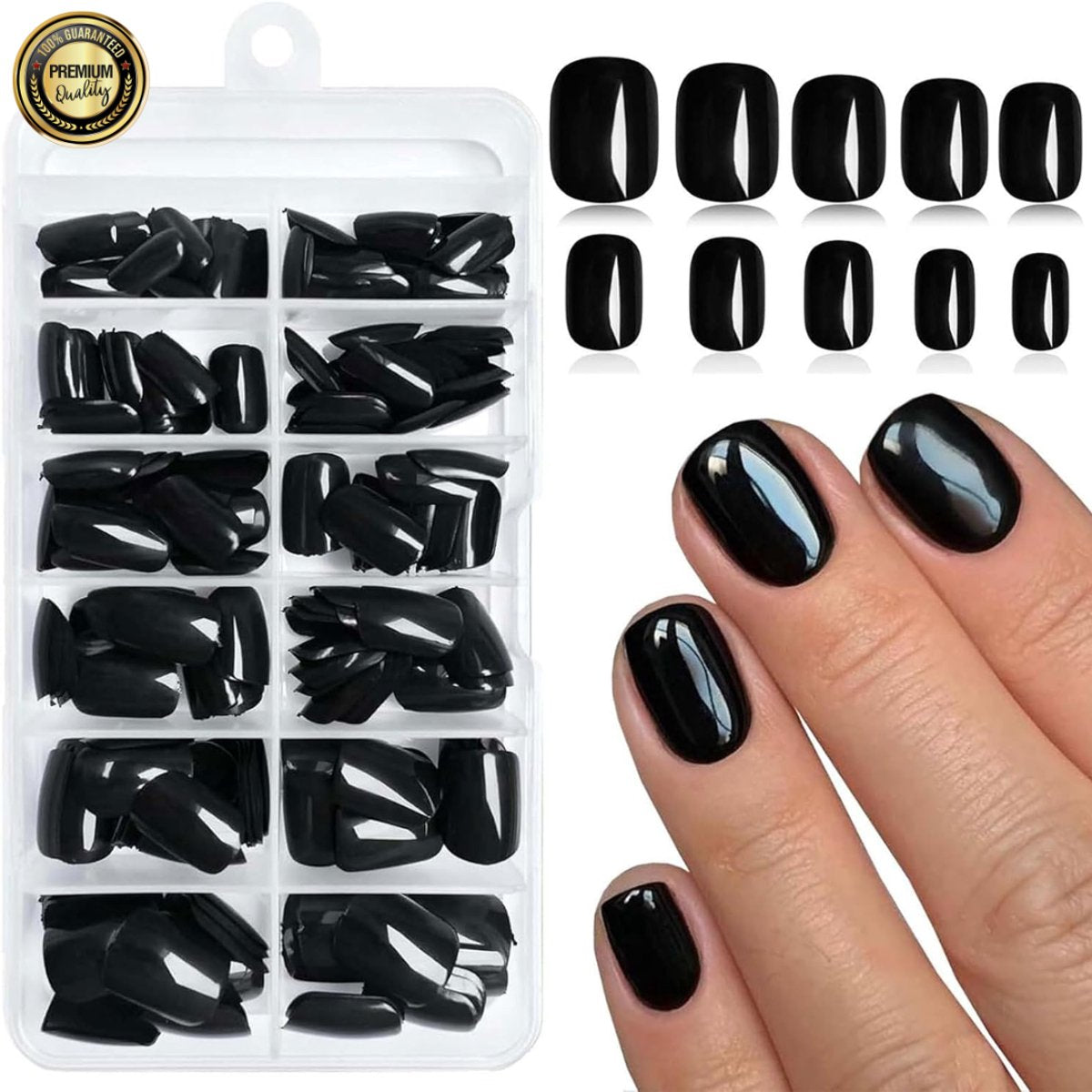 GUAPÀ® Plaknagels Almond Vorm Zwart | 120 stuks valse nagels | Press On Nails | Zelfklevende Plaknagels | Nepnagels | Kunstnagels | Compleet plaknagels starterspakket | Nagels Wraps | Nail Art | Smile line | 120 stuks plaknagels Zwart Amandel
