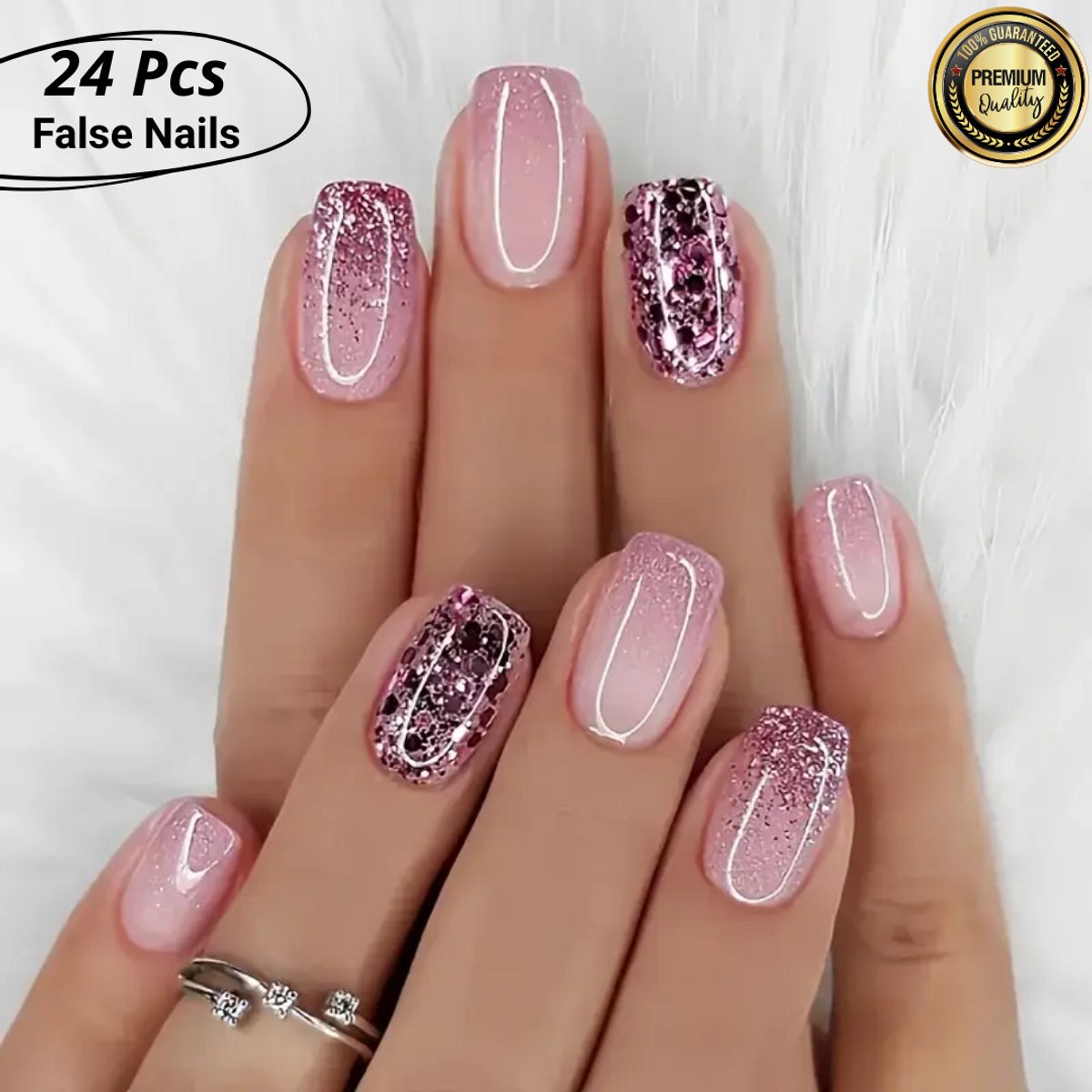 GUAPÀ® Plaknagels | 24 stuks valse nagels | Press On Nails | Zelfklevende Plaknagels | Nepnagels | Kunstnagels | Compleet plaknagels starterspakket | Nagels stickers | Glitter Nagels | 24 stuks plaknagels Rose Nude Glitters