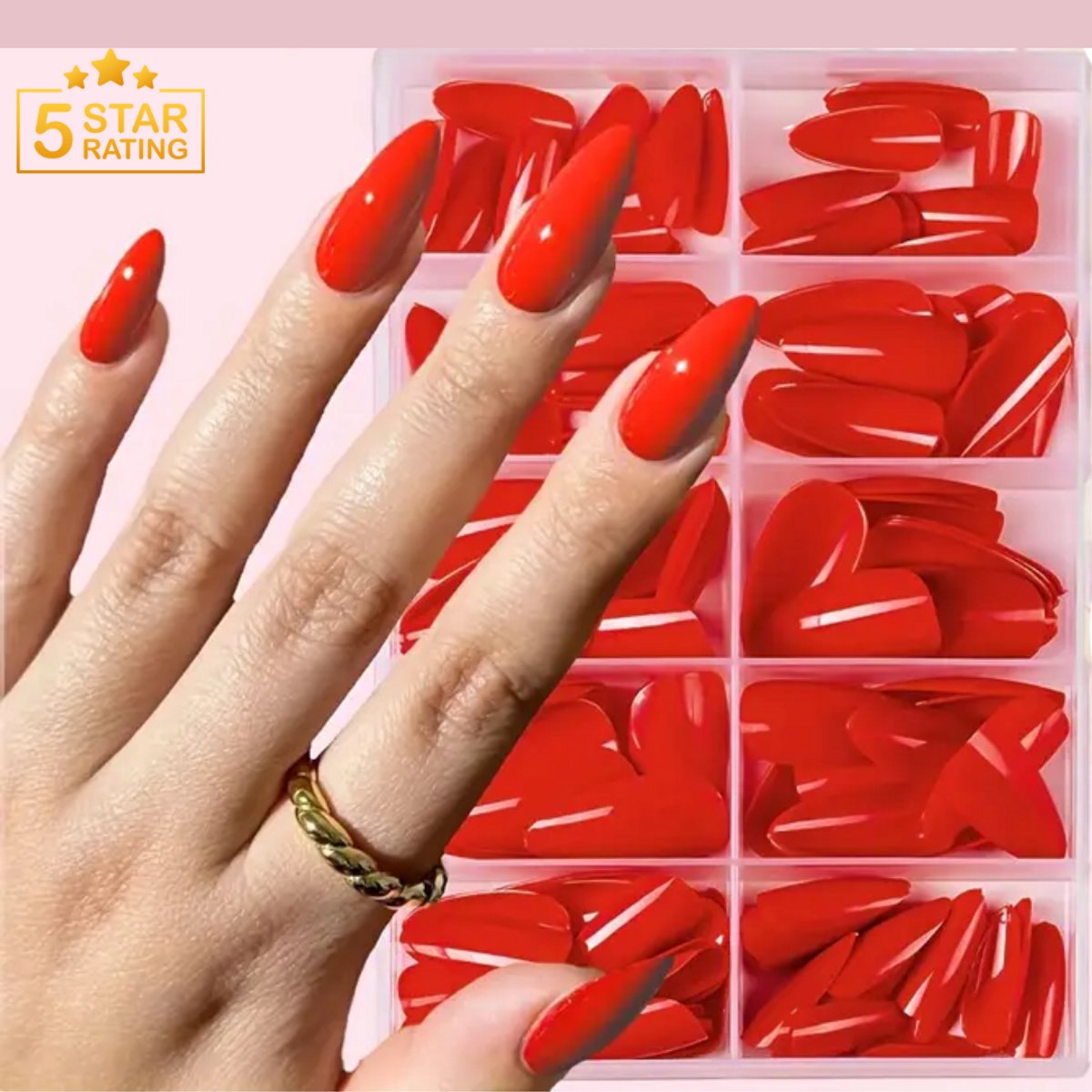 GUAPÀ® Plaknagels Rood Almond Vorm | 120 stuks valse nagels | Press On Nails | Zelfklevende Plaknagels | Nepnagels | Kunstnagels | Rode Nagels | Nagels Wraps | Nail Art | Smile line | 120 stuks Plaknagels Rood Amandel Vorm