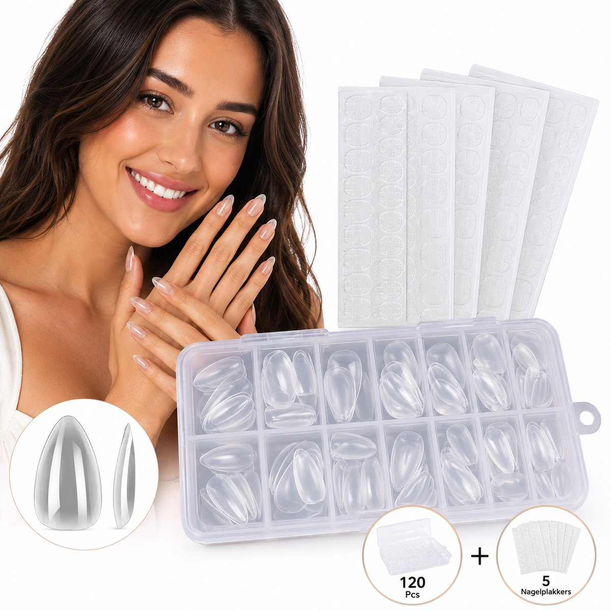 GUAPÀ® Nageltips Transparant Almond 120 pcs met Nagelplakkers - Almond Nageltips - Plaknagels - Nepnagels - Nagelverlenging Acryl en Gel - BIAB - Korte Tips Nagels - Nagelplakkers - Nagellijm - 120 pcs Korte Amandel Nageltips Transparant False Nails