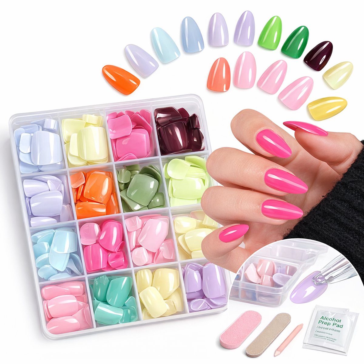 GUAPÀ® Plaknagels Neon Nagel Tips | 288 Pcs Diverse Neon Tinten | Valse nagels | Press On Nails | Zelfklevende Plaknagels | Nepnagels | Kunstnagels | Compleet plaknagels pakket | Almond Nagel Tips | 288 stuks plaknagels Neon Tinten Full Cover Tips