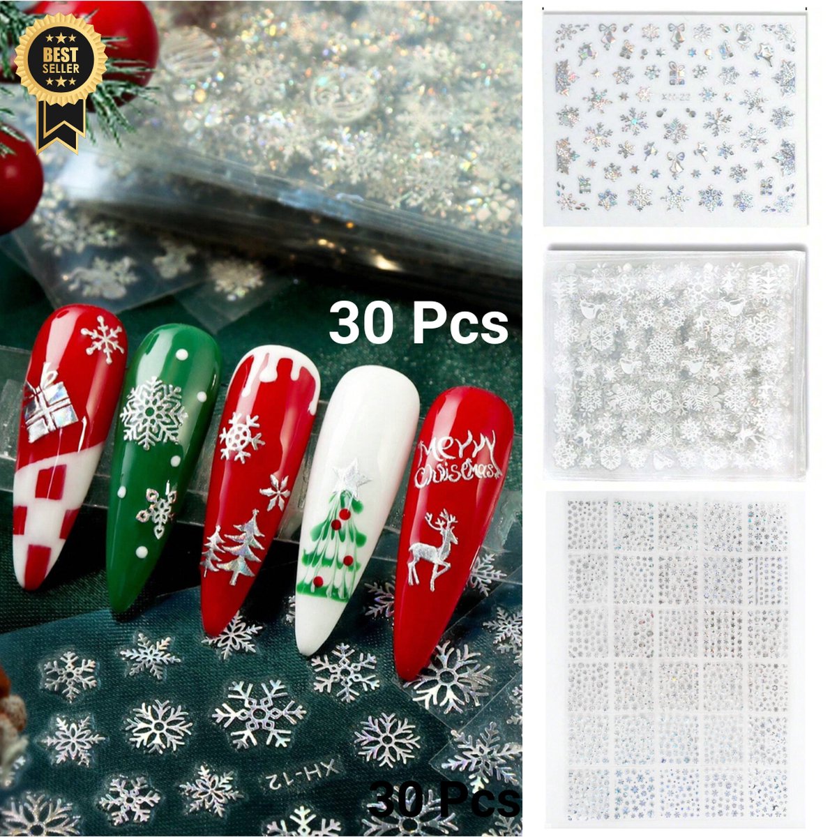 GUAPÀ® Nail Art Nagelstickers | Nagel Stickers Kerst | Nail Art 3D Stickers | Nagelstickers Kinderen | Zelfklevende Nagelstickers Zilver | Nail Art Stempel | 30 velletjes Kerst Nagel stickers Zilver