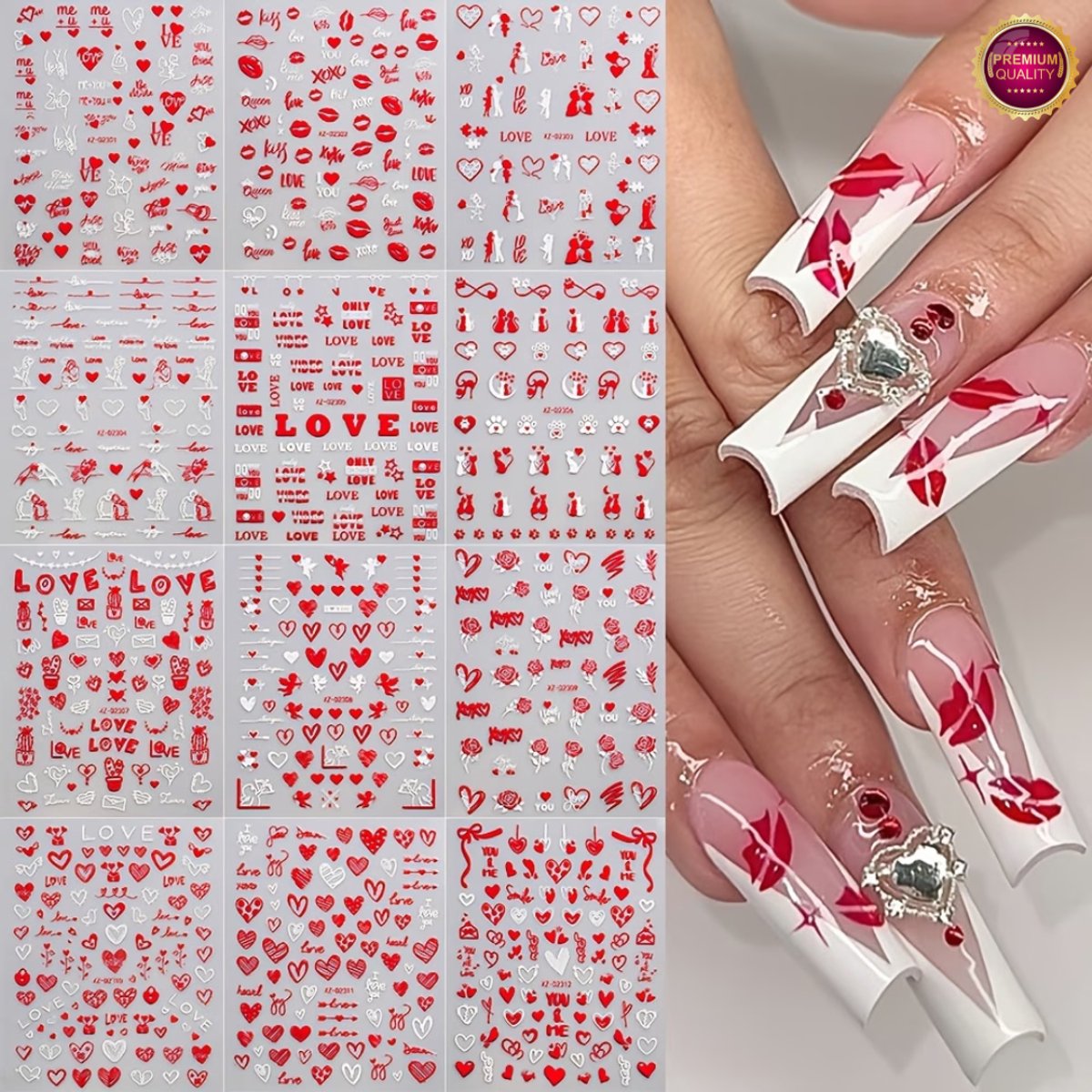 GUAPÀ® Nagelstickers Hartjes en Vormpjes 12 Vellen | Nail Decals | Nail Art | Nagelversiering | 3D Nagel stickers | Love Stickers | Hartjes en Liefdes stickers | Valentijnsdag Nagelstickers 12 Vellen Rood Wit
