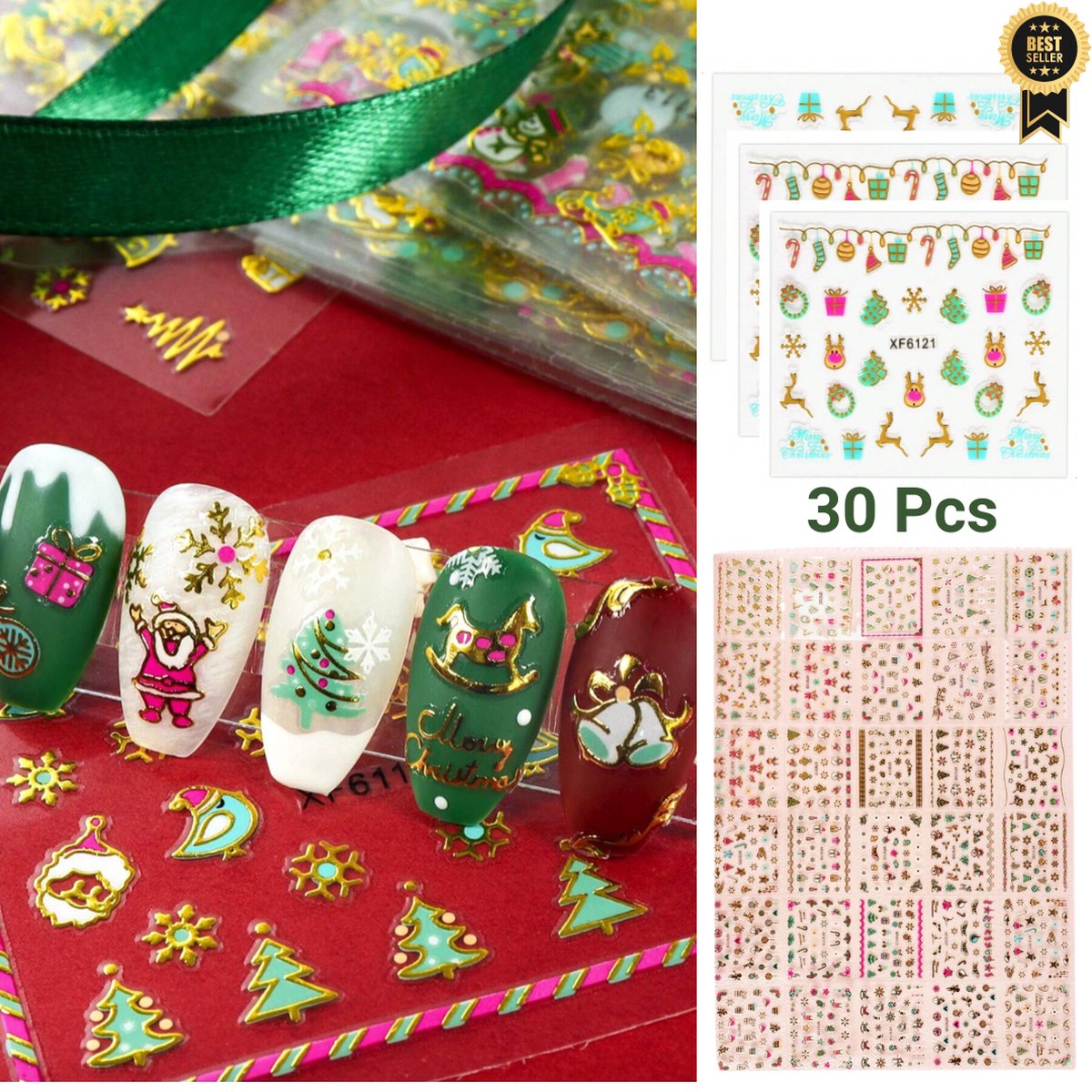 GUAPÀ® Nail Art Nagelstickers | Nagel Stickers Kerst | Nail Art 3D Stickers | Nagelstickers Kinderen | Zelfklevende Nagelstickers Diverse Kleuren | Nail Art Stempel | 30 velletjes Kerst Nagel stickers Diverse Kleuren