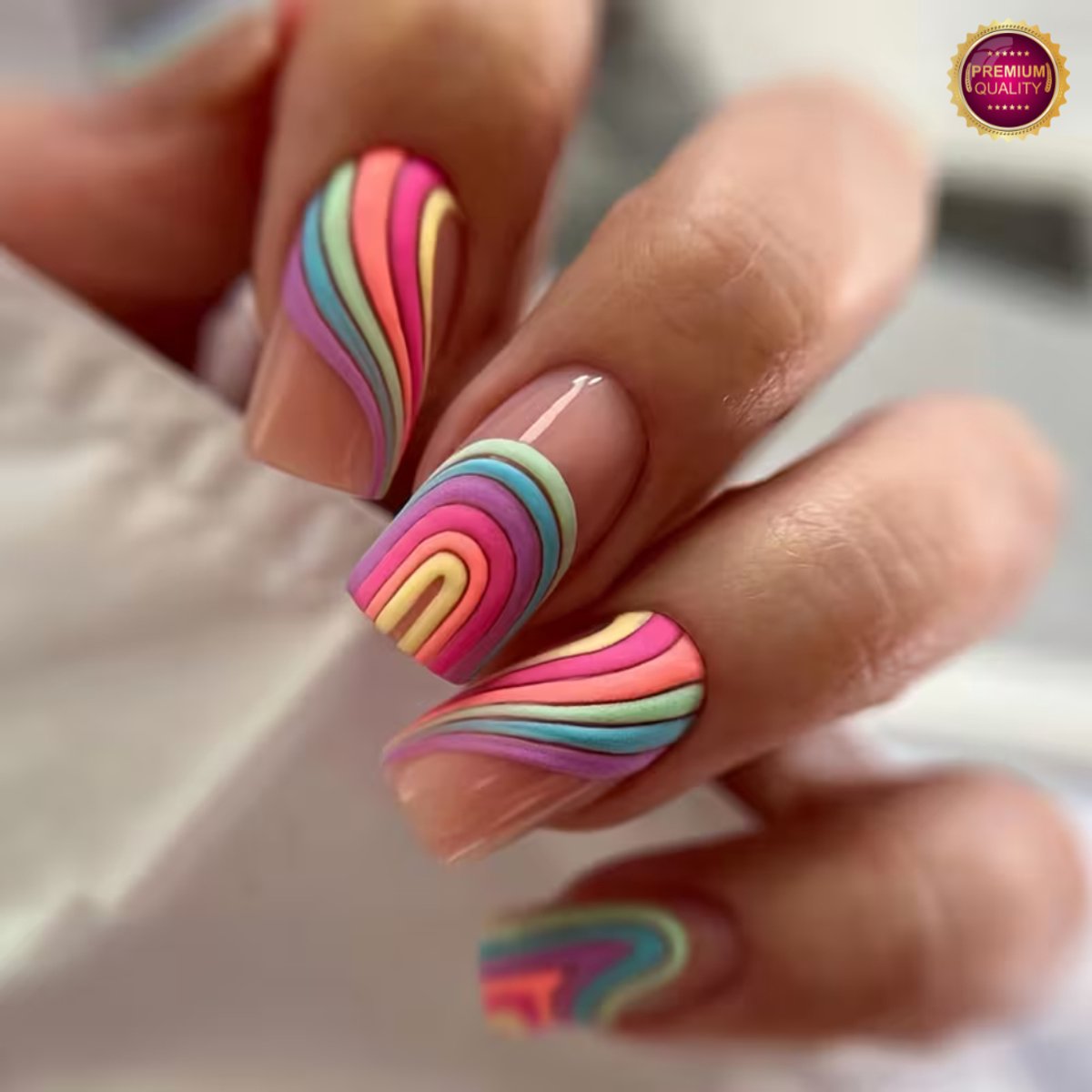 GUAPÀ® Plaknagels 3D Regenboog | 24 stuks valse nagels | Press On Nails | Zelfklevende Plaknagels | Nepnagels | Kunstnagels | Compleet plaknagels starterspakket | Nagels stickers | 24 stuks plaknagels French Manicure Regenboog 3D Effect
