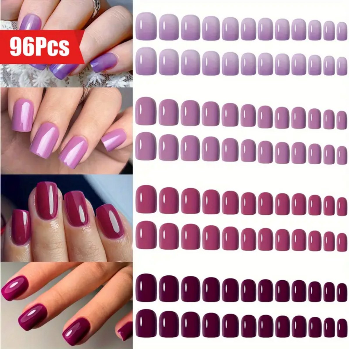 GUAPÀ® Plaknagels Paars Roze Tinten | 96 stuks valse nagels | Press On Nails | Zelfklevende Plaknagels | Nepnagels | Kunstnagels | Compleet plaknagels starterspakket | Nagel Wraps | Nail Art | Feest Nagels | 96 stuks plaknagels Paarse Roze Tinten