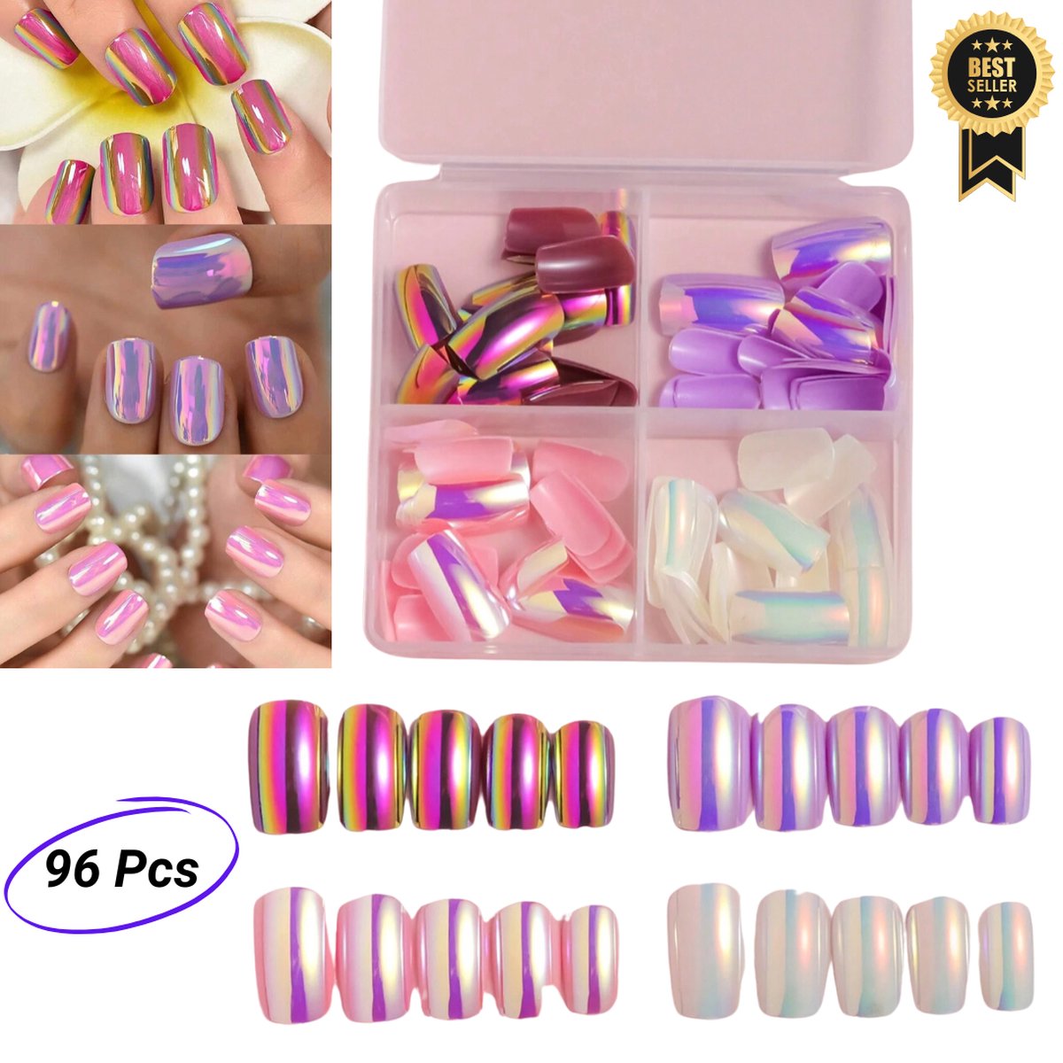GUAPÀ® Plaknagels | 96 stuks valse nagels | Press On Nails | Zelfklevende Plaknagels | Nepnagels | Kunstnagels | Compleet plaknagels starterspakket | Nagels Wraps | Nail Art | Winter Nagels | 96 stuks plaknagels Chrome Spiegel Parelmoer