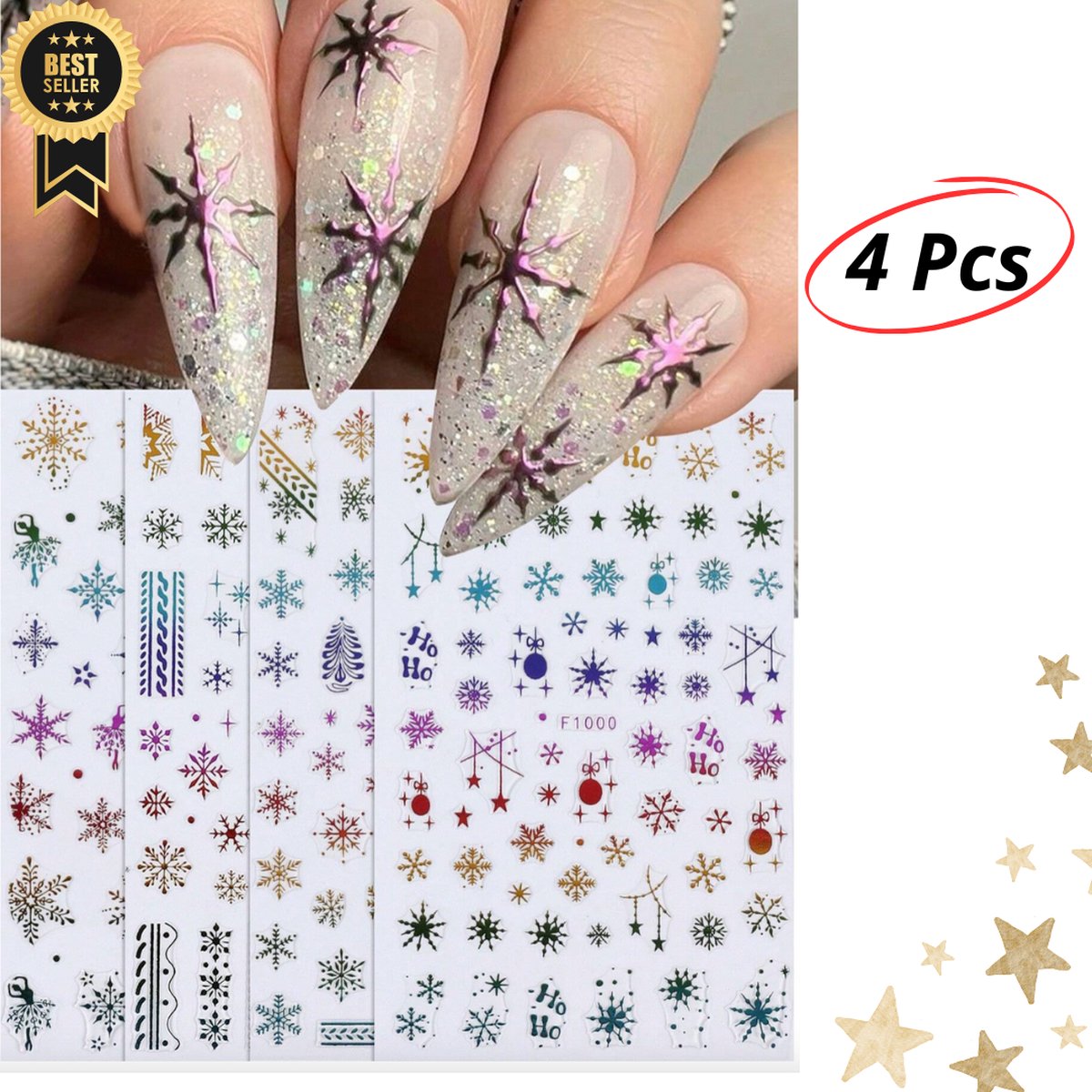 GUAPÀ® Nagelstickers Kerst | Diverse Patroontjes Winter Feest Stickers Nagels | 3D Nagelstickers | 4 Vellentjes Nail Decals Kerst
