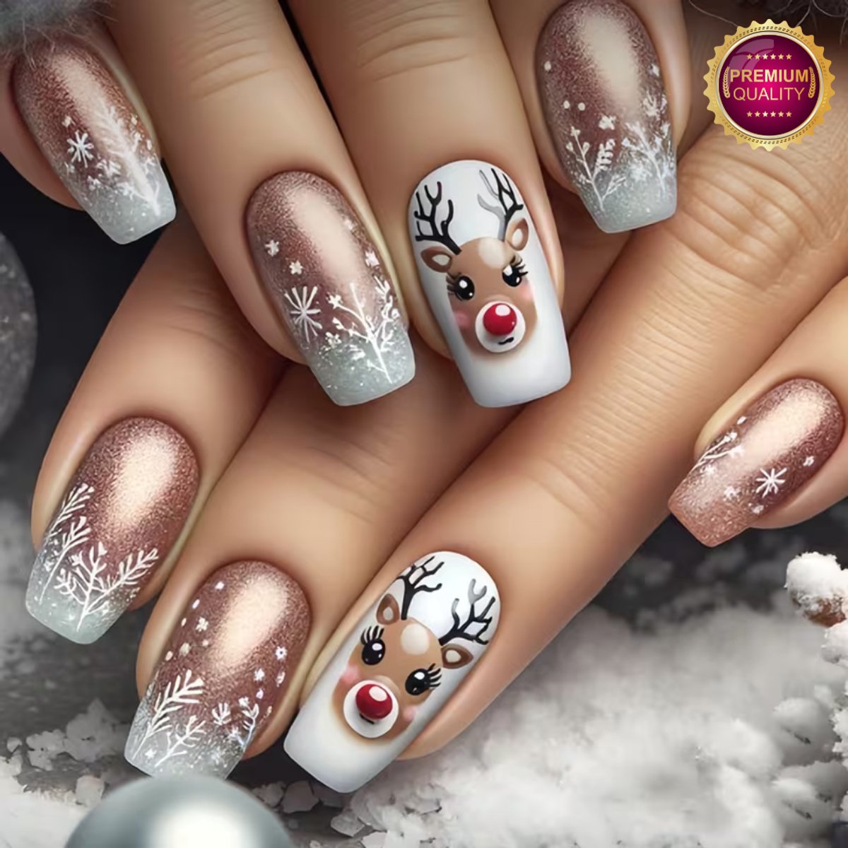GUAPÀ® Plaknagels | 24 stuks valse nagels | Press On Nails | Zelfklevende Plaknagels | Nepnagels | Kunstnagels | Compleet plaknagels starterspakket | Nagels stickers | Kerst Nagels | 24 stuks plaknagels Wit Bruin Kerst Rendier