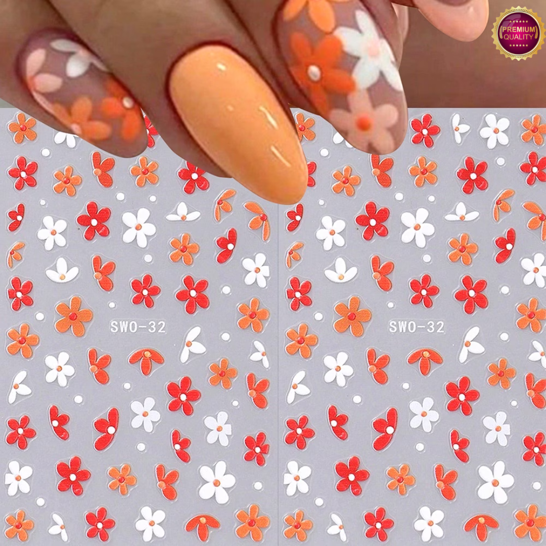 Nagelstickers Bloementjes 3D Oranje Wit