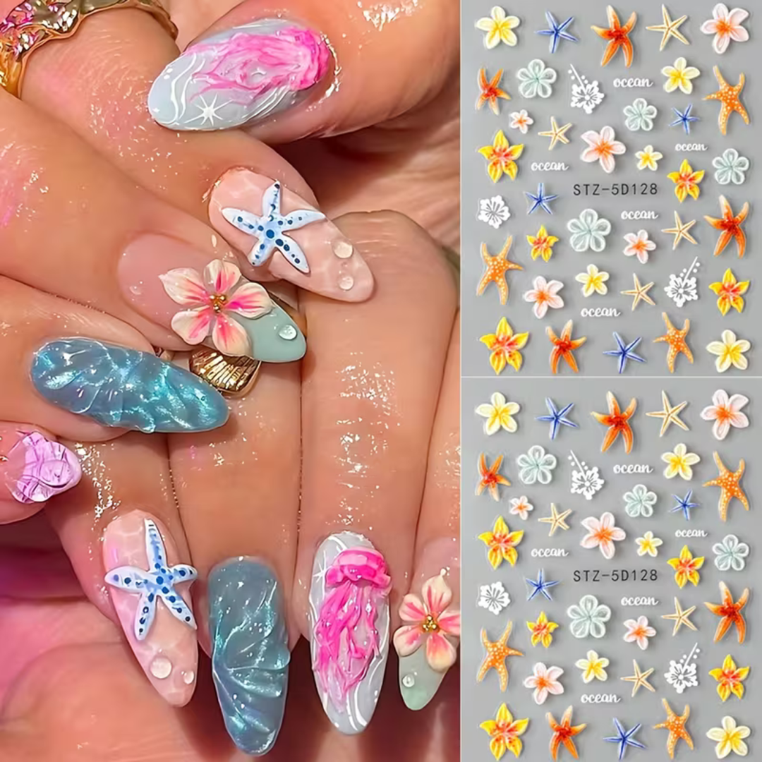 Nagelstickers Bloemen & Zeesterren 3D | 2 Vellen Nagelstickers