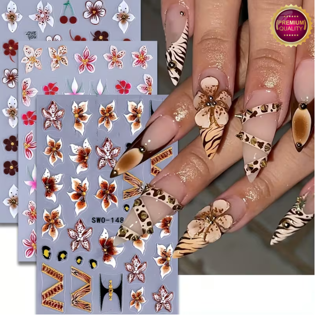 Nagelstickers Bloement 3 Vellen | Nail Decals | Taupe Roze Lelie Bloemen