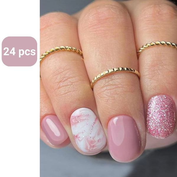 GUAPÀ® Plaknagels | 24 stuks valse nagels | Roze en wit met glitters