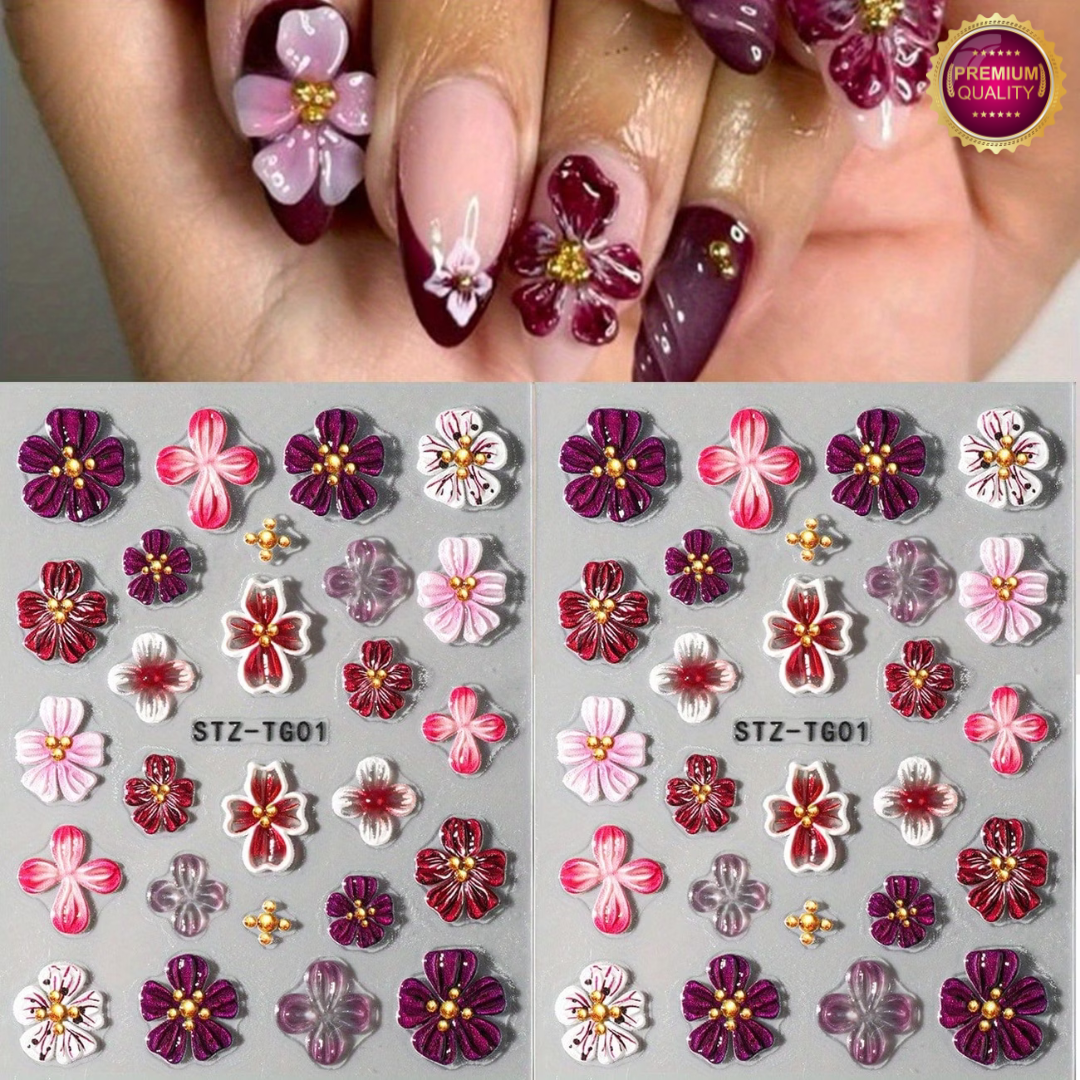 Nagelstickers Bloementjes 5D Roze Paarse
