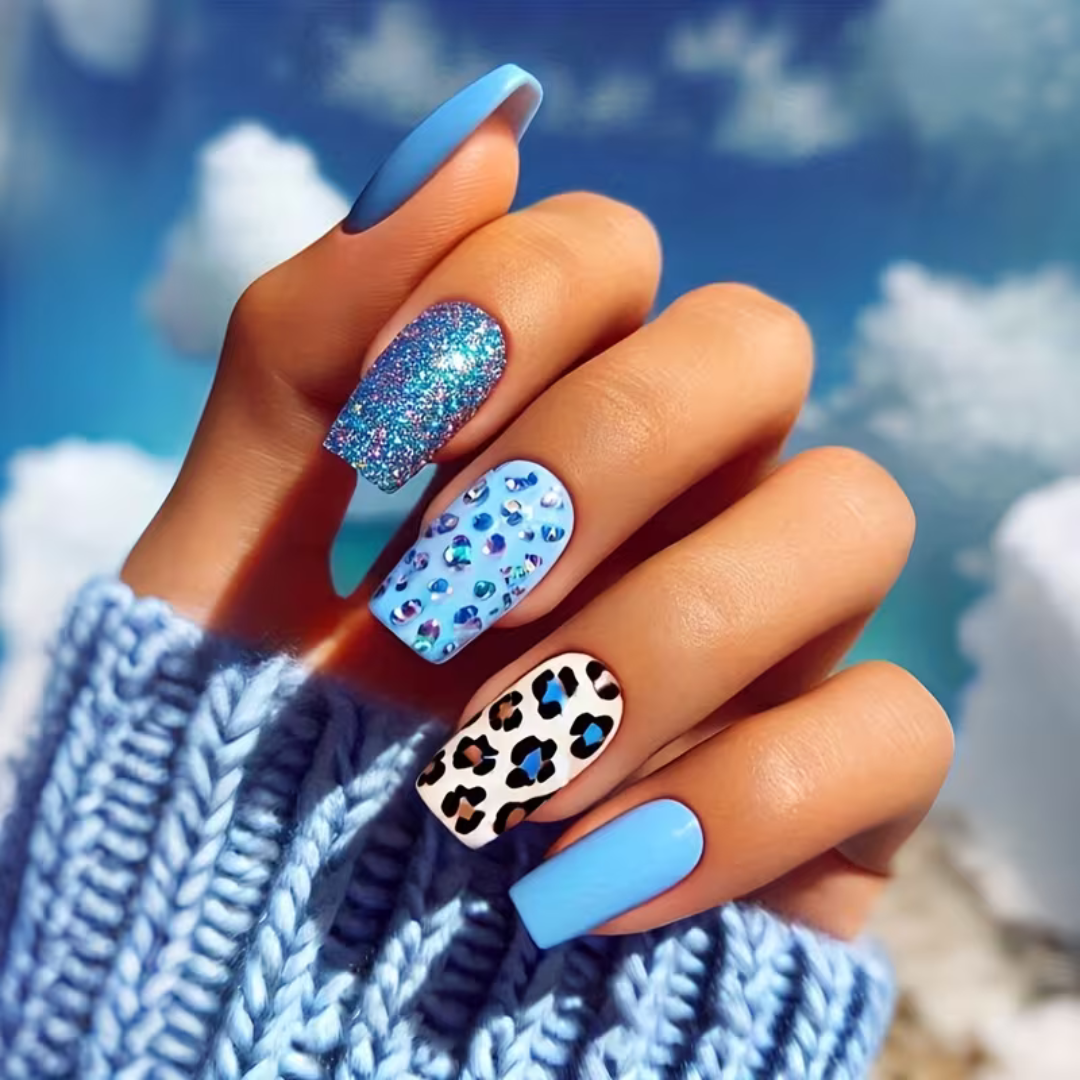 Plaknagels 24 Pcs Luipaard Licht Blauw | Nagel Tips | Kunstnagels