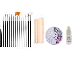GUAPÀ - Nagel Penselen Set Zwart + Rhinestones Parelmoer + Druppel & Dotting Pennen + Nagellijm - Nail Art, Acryl & Gel Nagels - 4 Delige Set