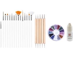 GUAPÀ - Nagel Penselen Set Wit + Rhinestones Diverse Kleuren + Druppel & Dotting Pennen + Nagellijm - Nail Art, Acryl & Gel Nagels - 4 Delige Set
