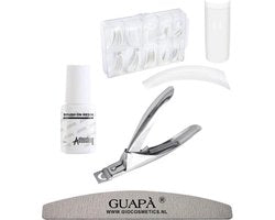 GUAPÀ - Kunstnagel Set voor het zetten van Nagelverlenging - 100 stuks French Manicure Wit + 5 ml nagellijm + Tipknipper en Nagelvijl - Acrylnagels - Tips - Nepnagels pakket