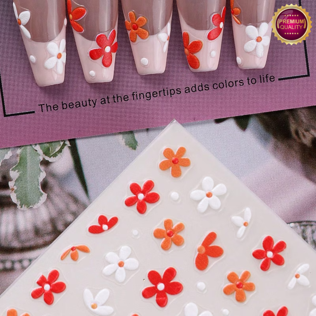 Nagelstickers Bloementjes 3D Oranje Wit