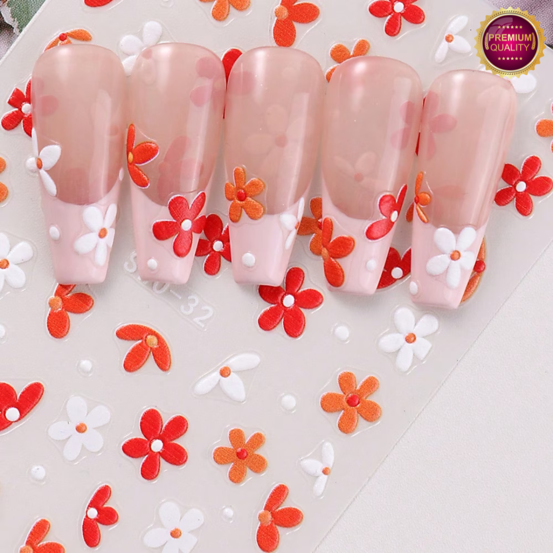 Nagelstickers Bloementjes 3D Oranje Wit
